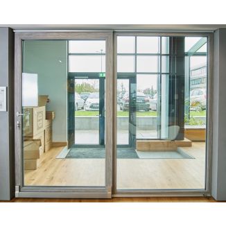 Ușă oscilo-culisantă din PVC, 2 canate, fix + mobil, Barrier 80, 3000 X 2520 mm