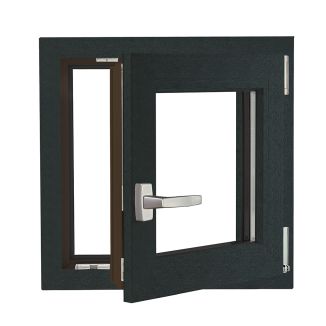 Fereastră PVC Rehau cu geam tripan, Barrier 80 antracit, 560x560 mm, profil 80 mm, 1 canat, sticlă 42 mm LowE +Float+SEvo, oscilobatant, dreapta, 7 camere, 3 garnituri