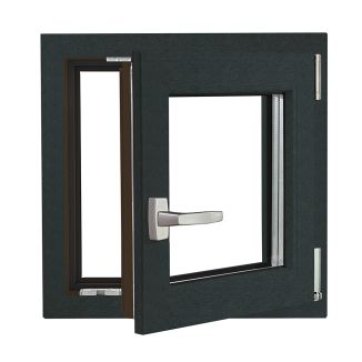 Fereastră PVC Aluplast cu geam tripan, Barrier 85, antracit, 560x560 mm, sticlă 44 mm 4SEvo4 + Float4 + LowE4, oscilobatant dreapta, 7 camere, 3 garnituri